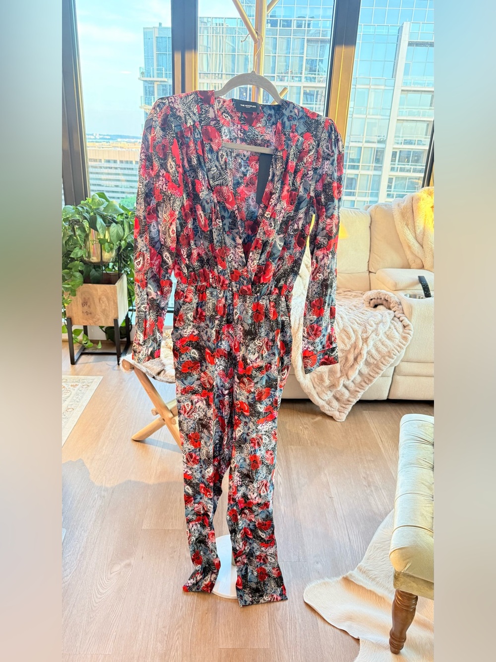 The Kooples Floral Print Long-Sleeve Jumpsuit 100% Silk Size 1 (Small)